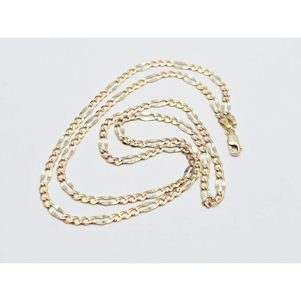 14K Two Tone Multi Color Gold Diamond Cut Figaro Link Chain Necklace - 24.25